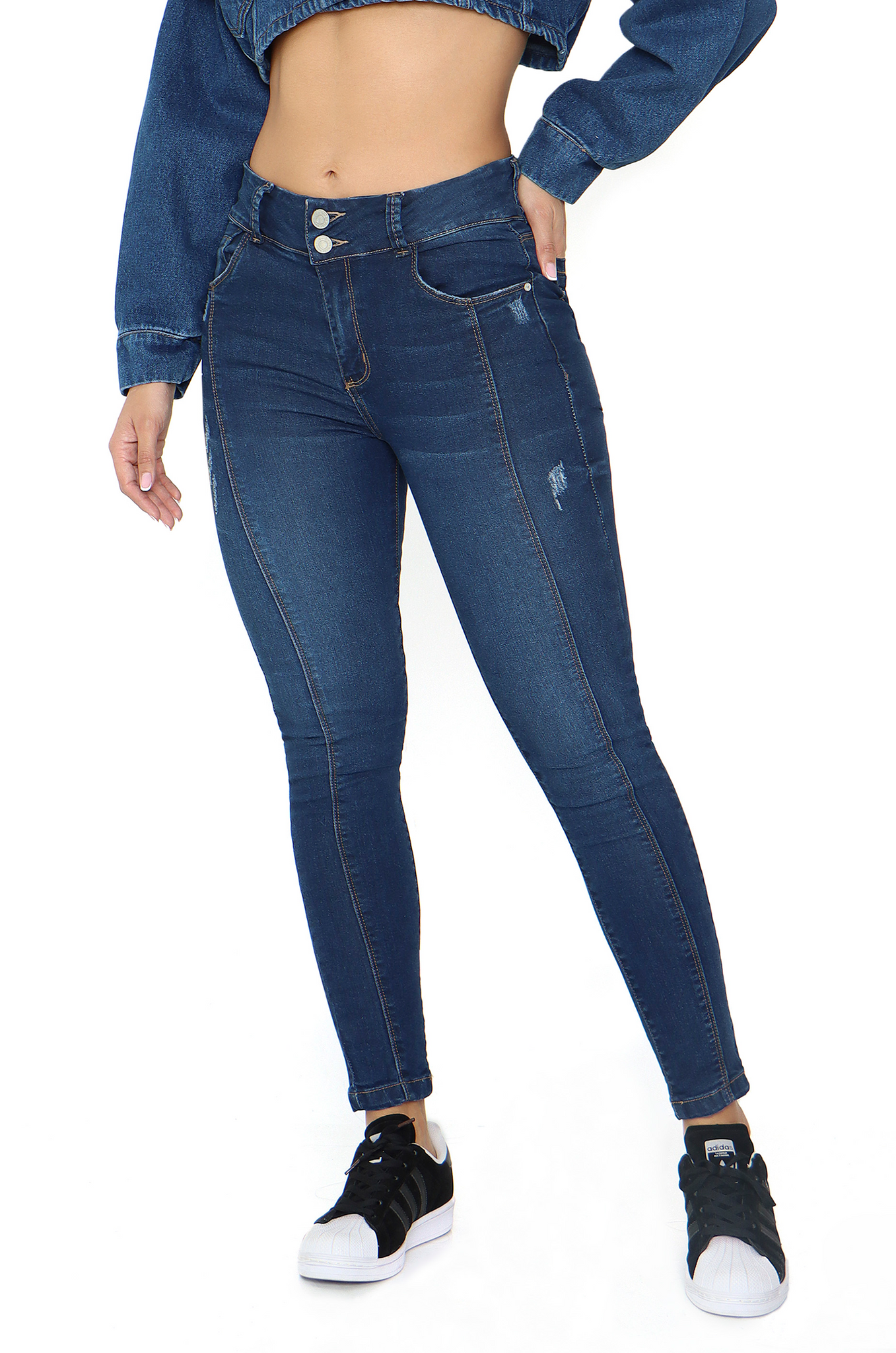 Jeans skinny levanta cola dos botones desgastes frontales- 113055