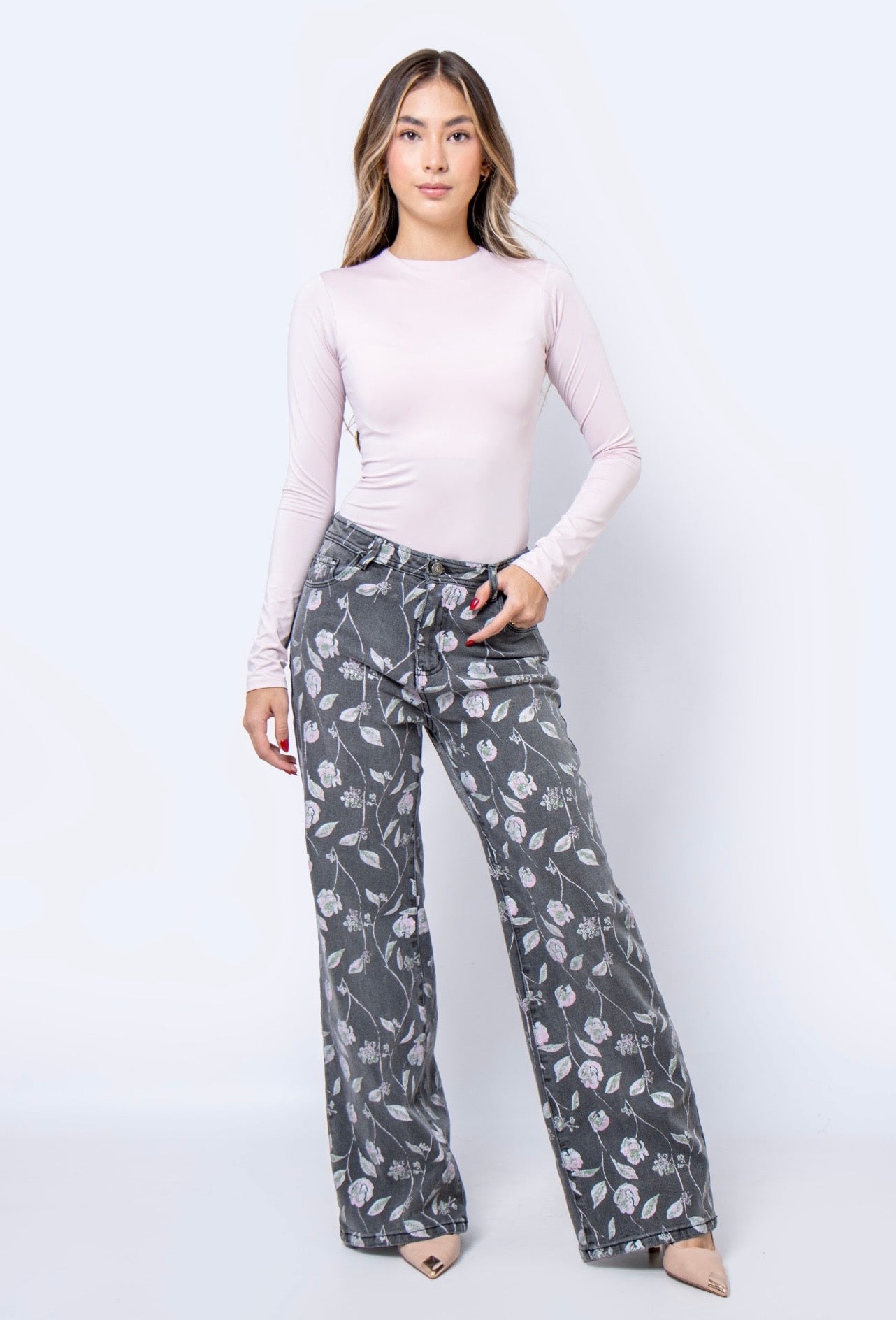 Jean Wide Leg flores gris - 716017