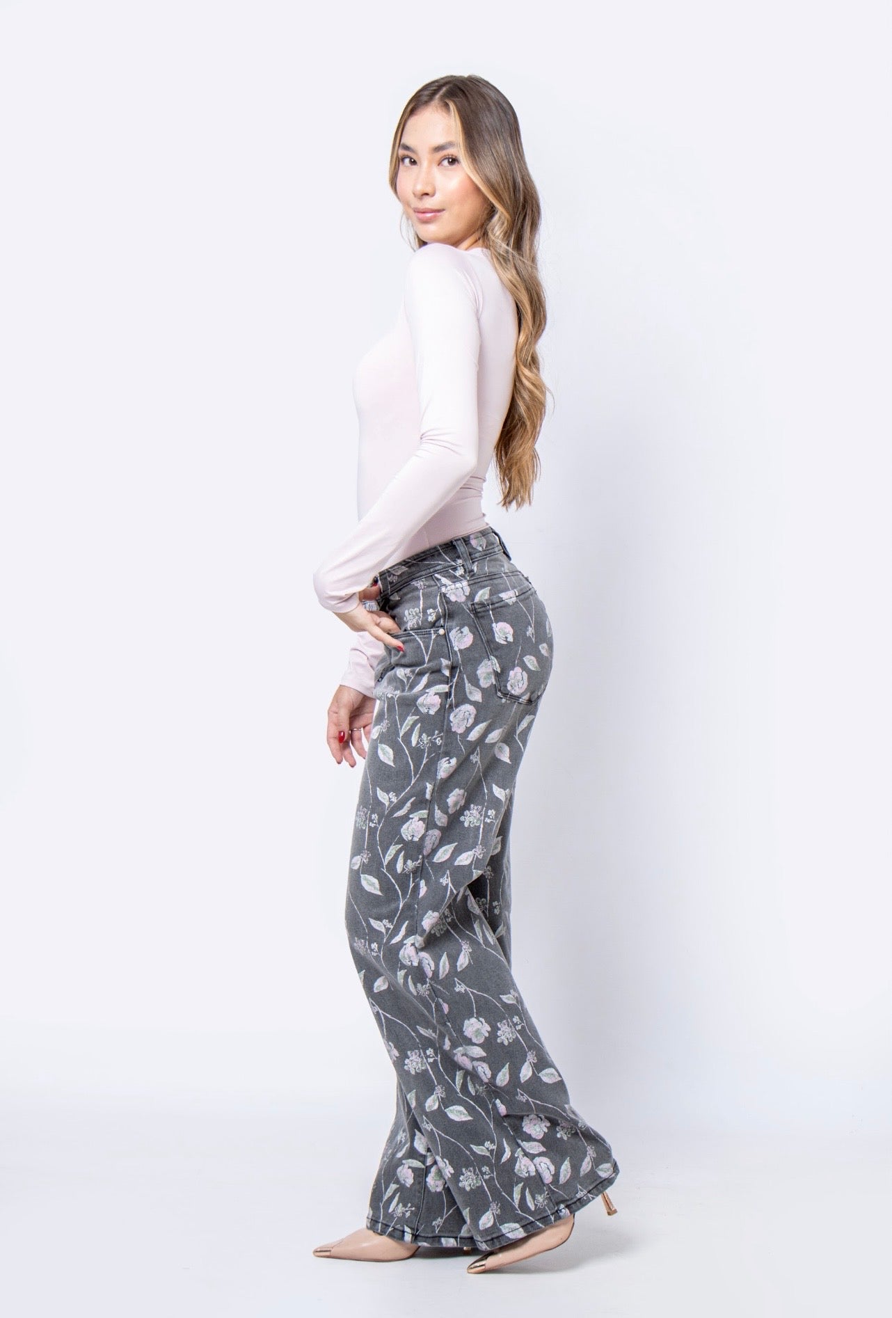 Jean Wide Leg flores gris - 716017